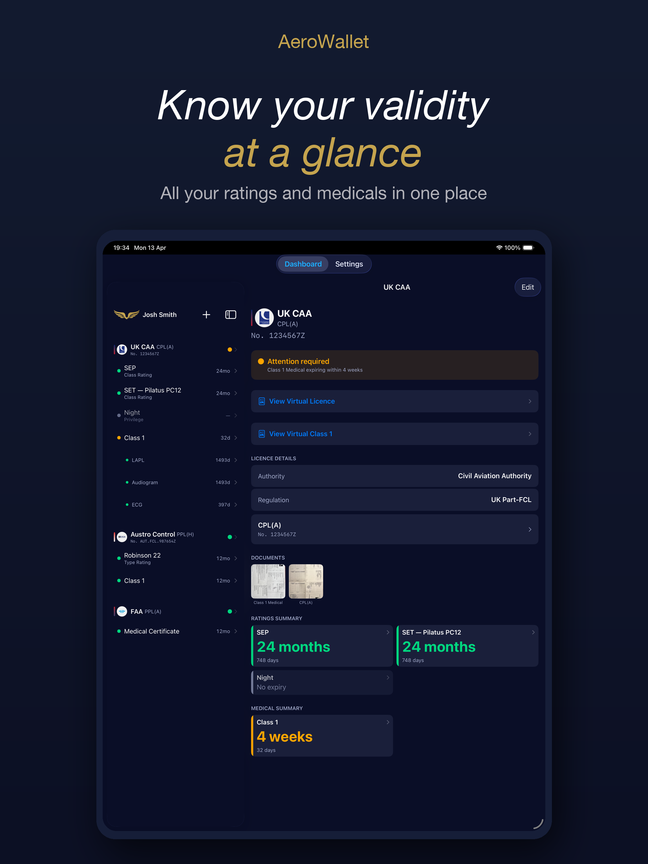 AeroWallet iPad dashboard with split view showing multiple licencing authorities