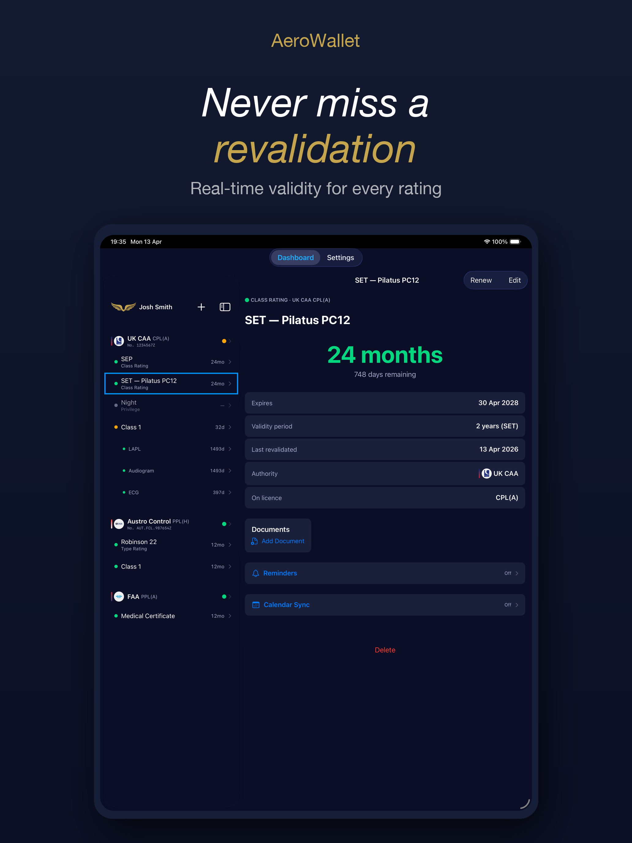 Boeing 737 type rating detail showing months remaining before revalidation on iPad