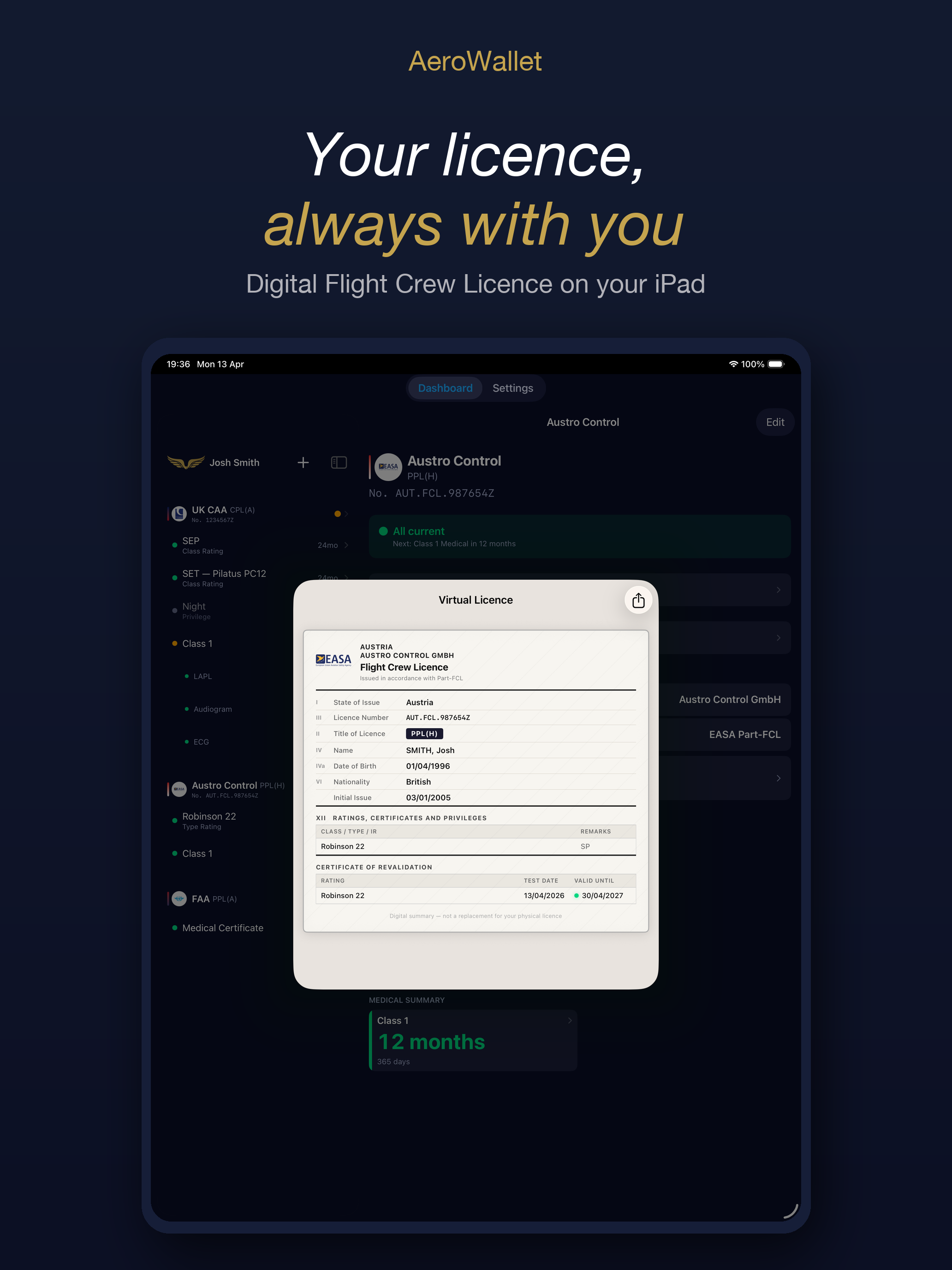 Digital Flight Crew Licence virtual card on iPad