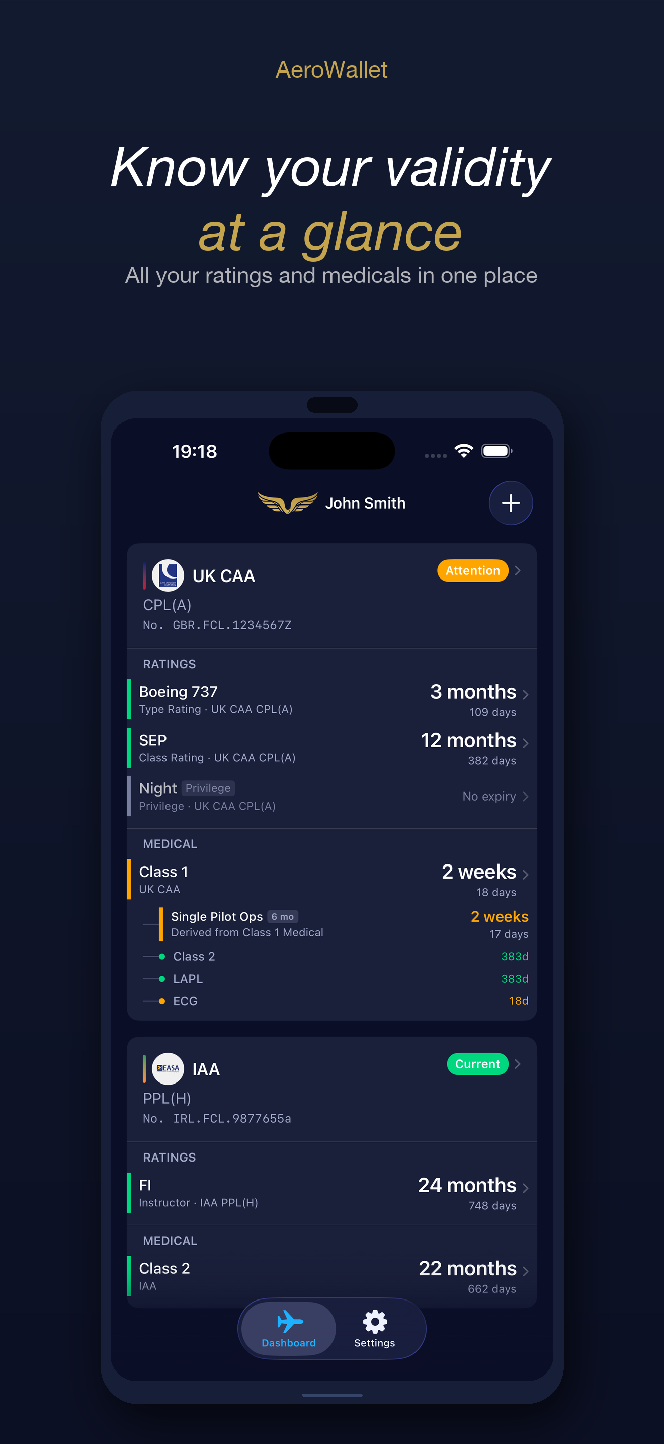 AeroWallet dashboard showing UK CAA and EASA ratings and medical validity