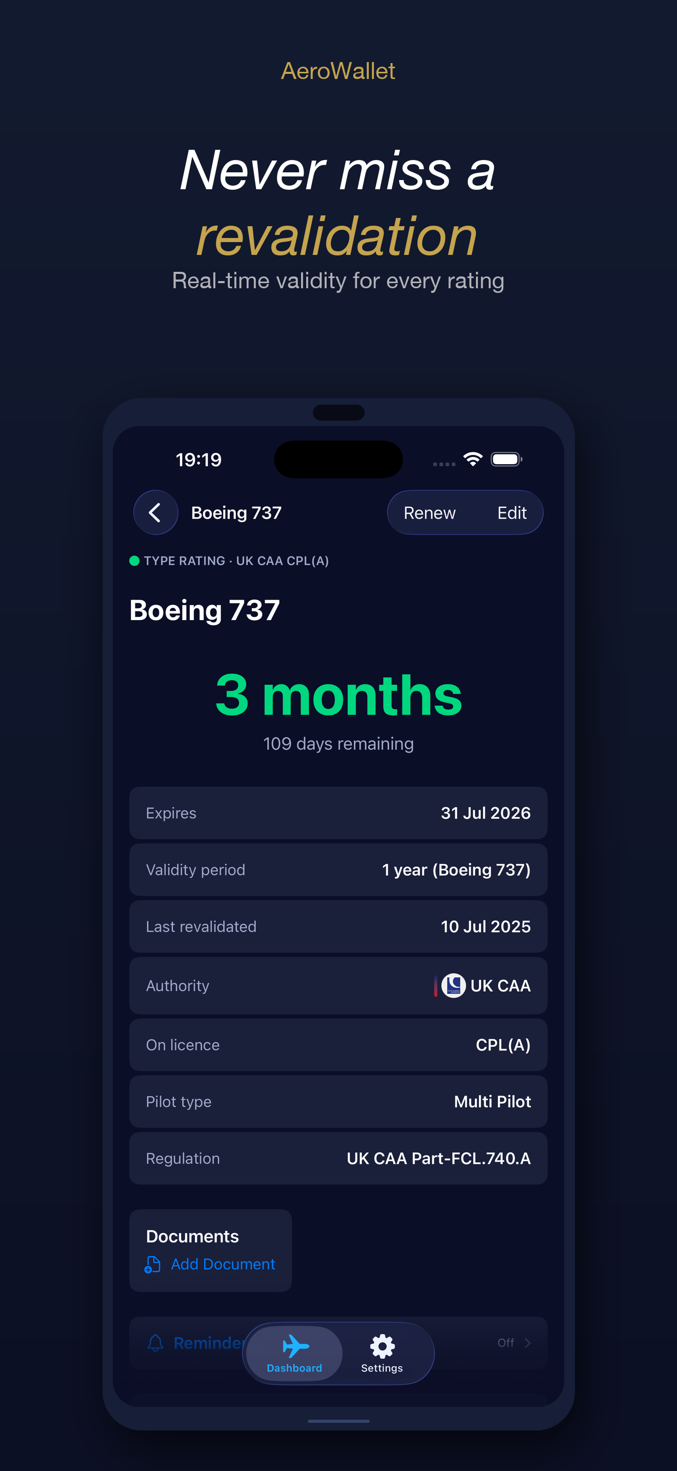Boeing 737 type rating detail showing 3 months remaining before revalidation