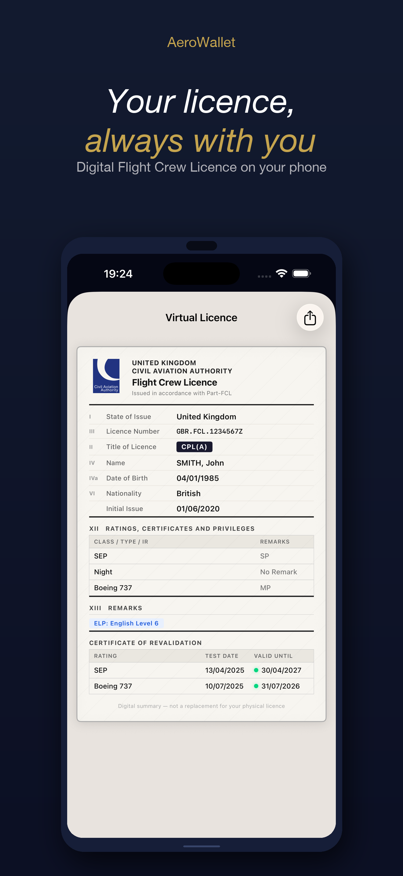Digital Flight Crew Licence virtual card